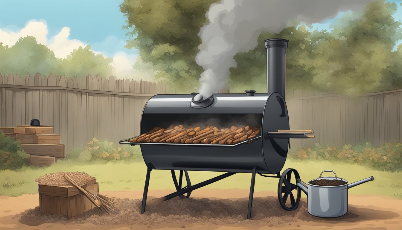 A rustic smoker emits fragrant smoke as meat slowly cooks over a bed of smoldering wood chips in a Texas backyard