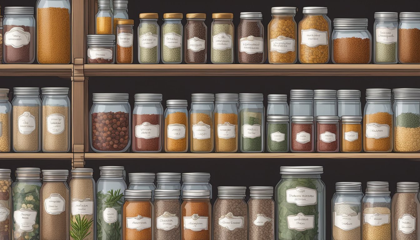 A clean, well-organized kitchen with shelves of canned goat meat, labeled and dated, next to jars of spices and herbs