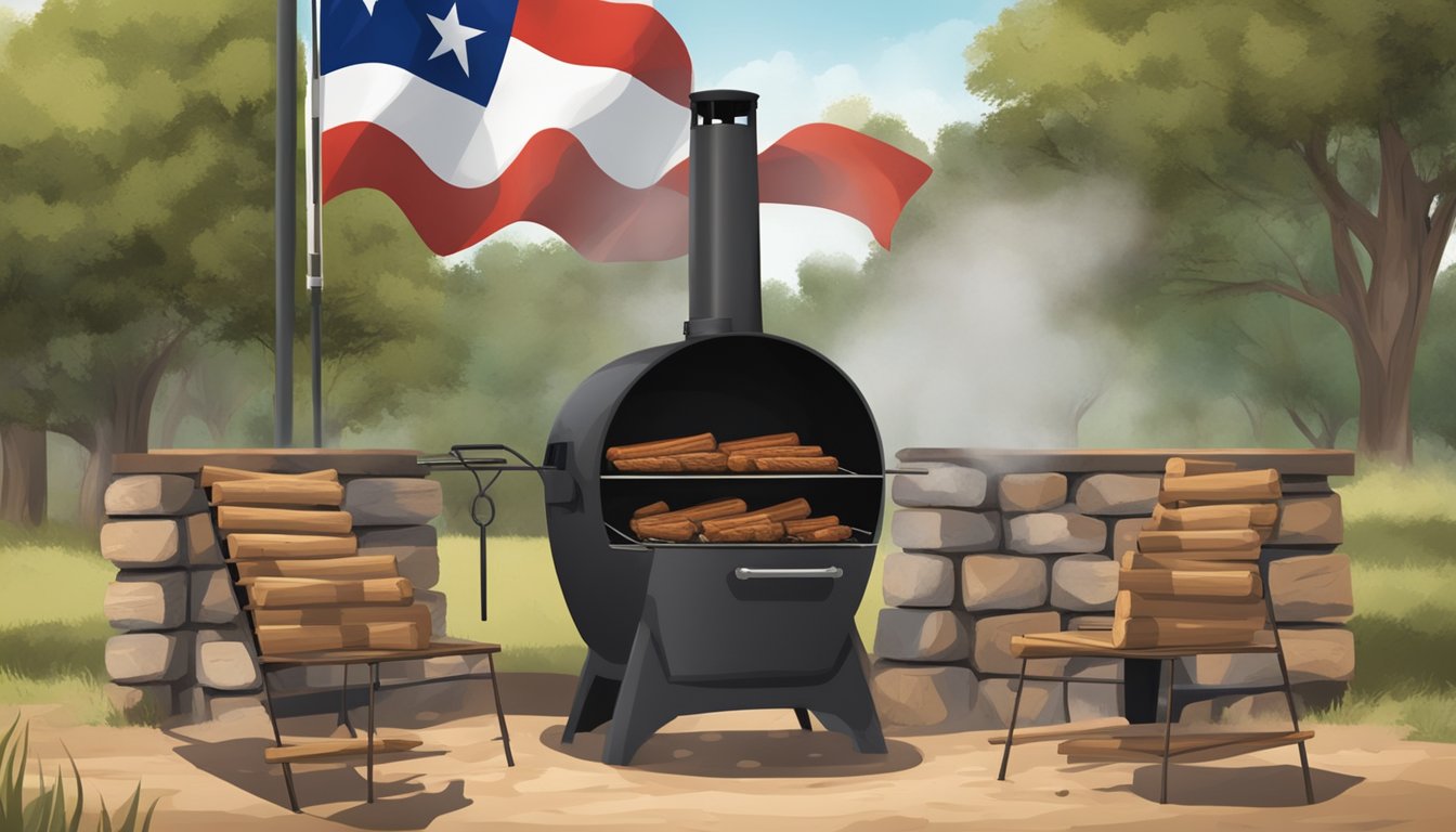 A rustic outdoor barbecue pit with a large smoking chamber, surrounded by mesquite wood logs and a Texas flag flying in the background