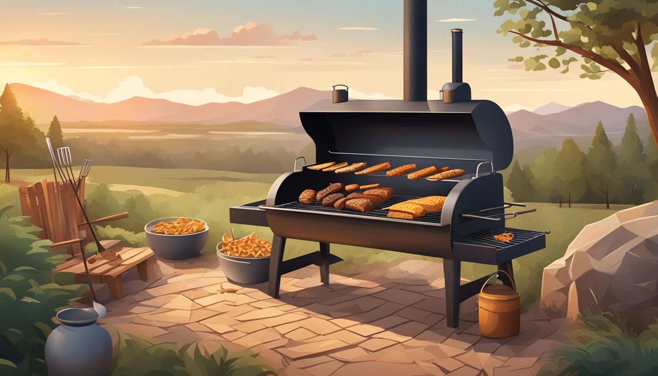 A rustic outdoor barbecue pit with a smoker, wood chips, and various grilling tools, surrounded by a Texas landscape