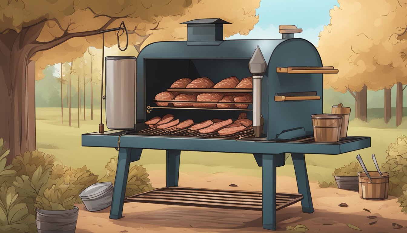 A rustic outdoor smoker filled with Texas-style meats, surrounded by wood chips and a thermometer for food safety