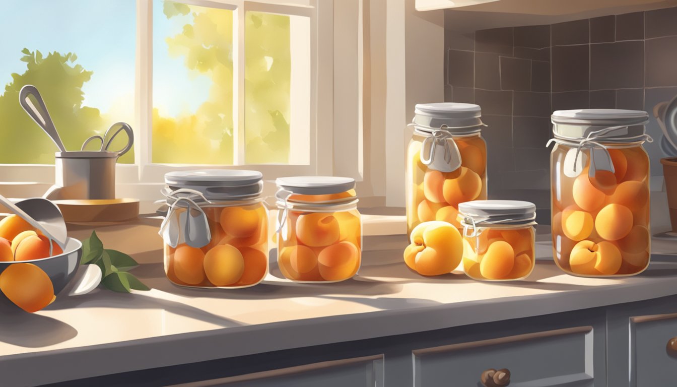 A kitchen counter with jars of canned peaches, a pot, and a ladle. Bright sunlight streams through the window, casting warm shadows on the scene