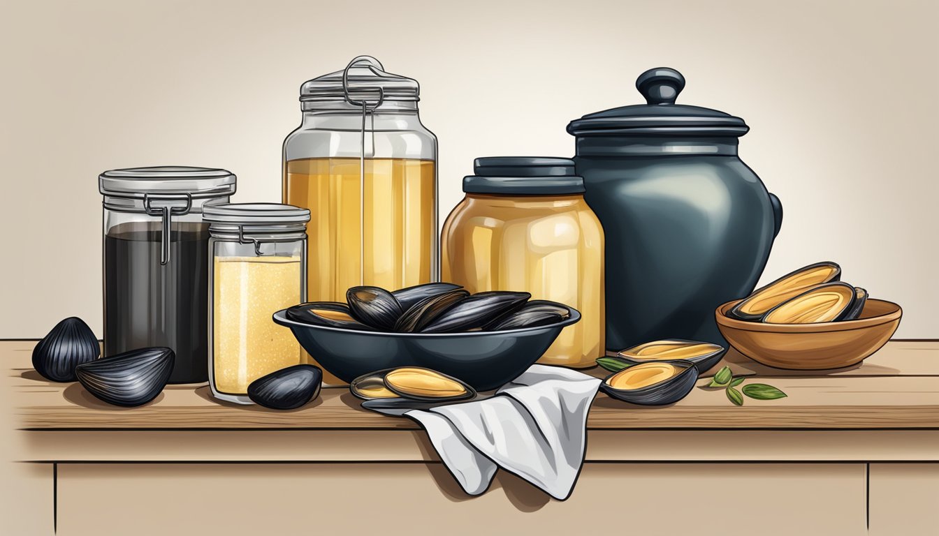 A kitchen counter with a pot, mussels, vinegar, salt, and a jar