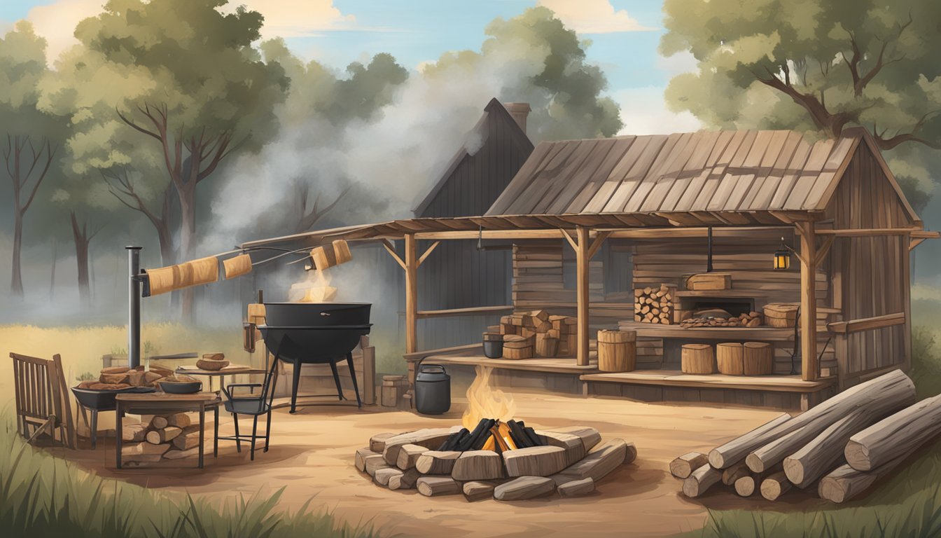 A rustic outdoor setting with a traditional Texas smoker surrounded by wood logs and deer meat hanging to smoke