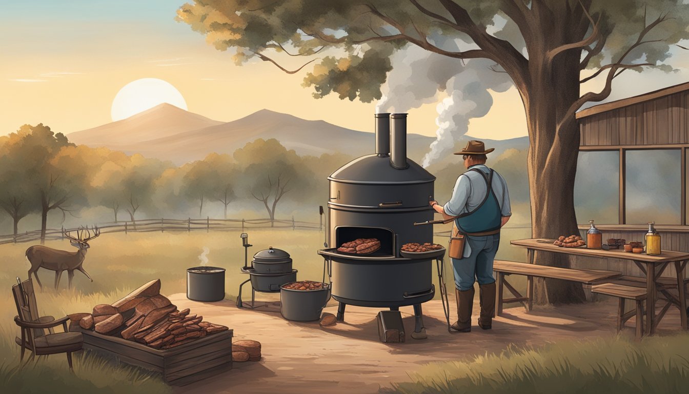 A rustic outdoor setting with a large smoker, surrounded by Texas landscape, and a rack of deer meat being smoked