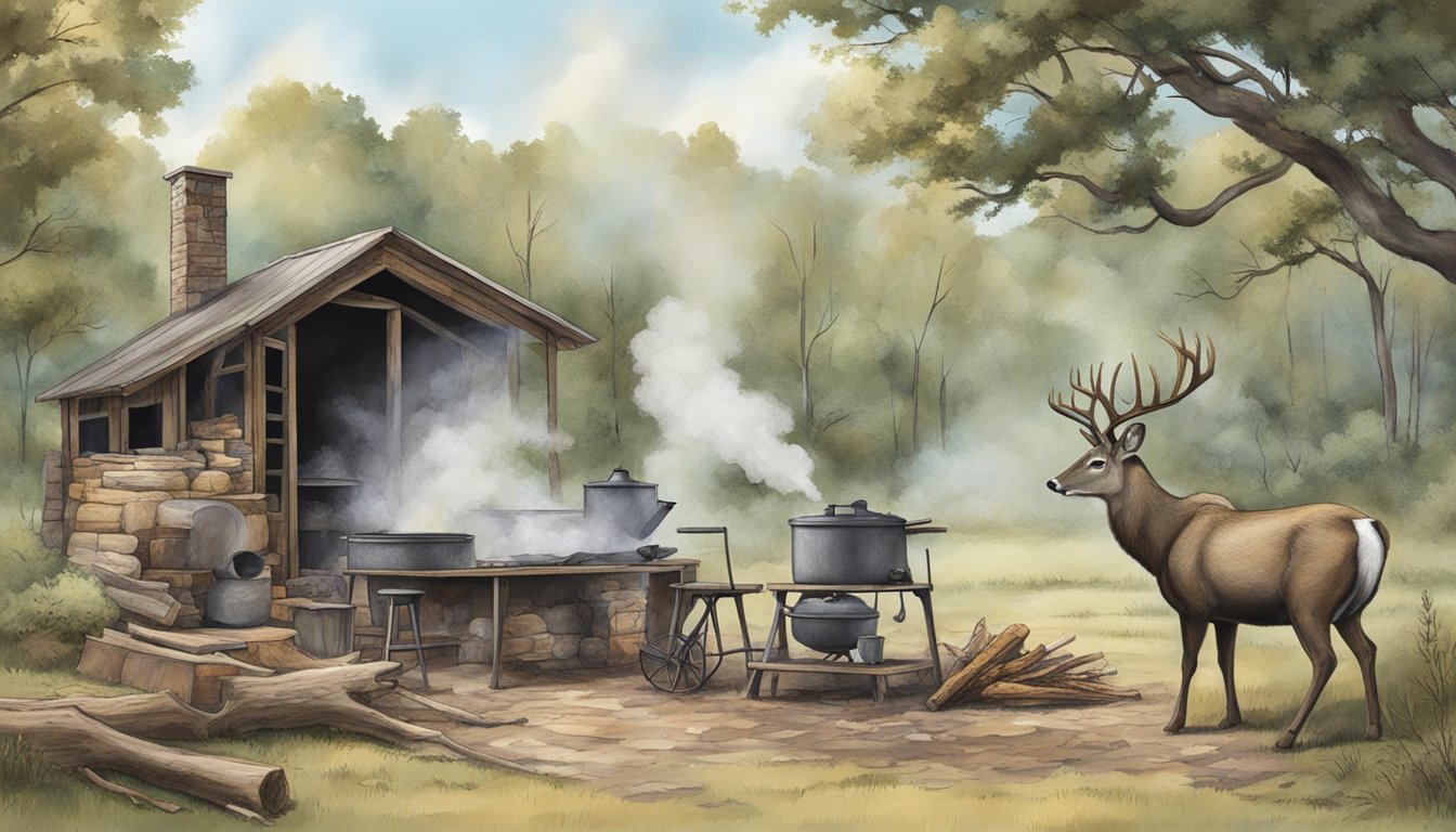 A rustic outdoor setting with a large smoker billowing fragrant smoke, surrounded by Texas wilderness and a deer carcass being prepared for smoking