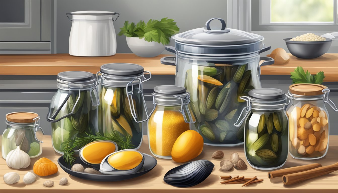 A kitchen counter with various tools and ingredients for canning mussels, including jars, mussels, spices, and a pot of boiling water