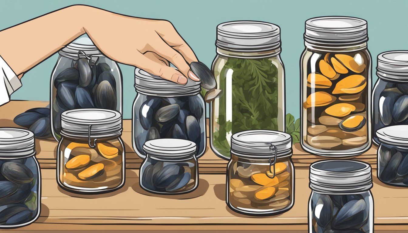 A person placing fresh mussels into glass jars with vinegar and spices, ready for home canning