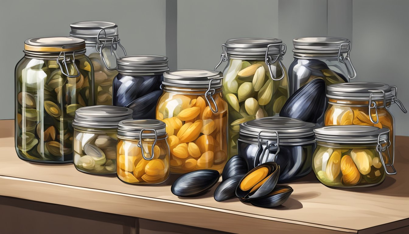 A kitchen counter with jars, mussels, and canning equipment