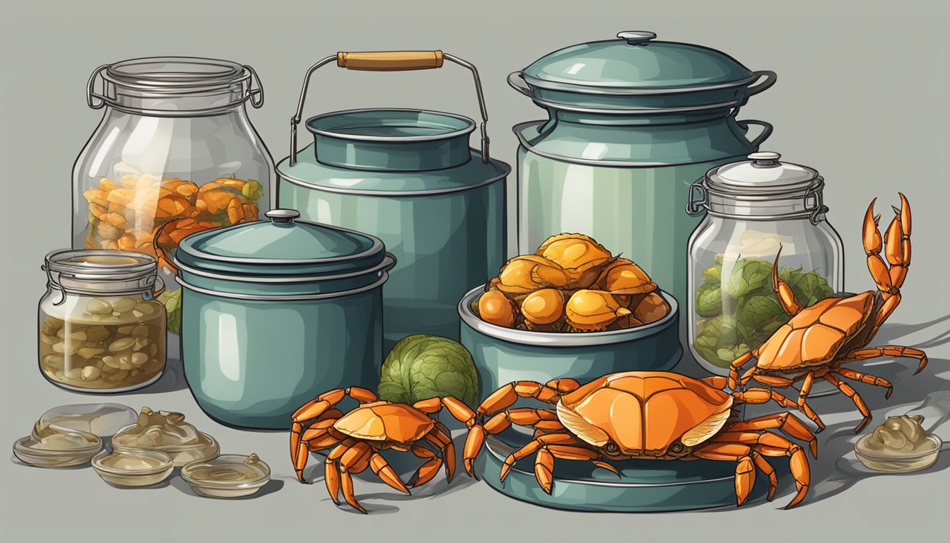 A table with various types of crabs, a pot of boiling water, and jars for canning