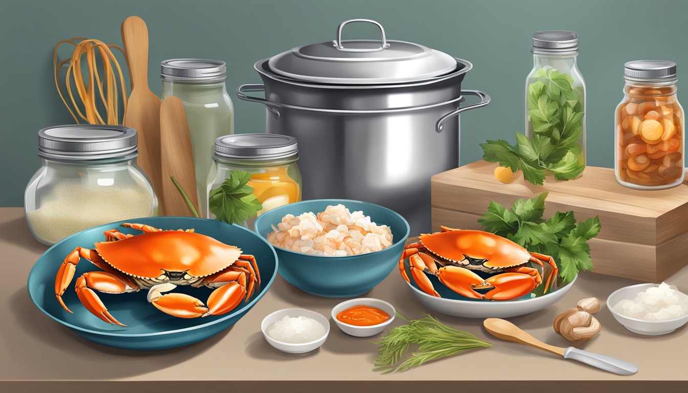 A kitchen counter with a pot of boiling water, a bowl of fresh crab, a set of canning jars, and various utensils and ingredients