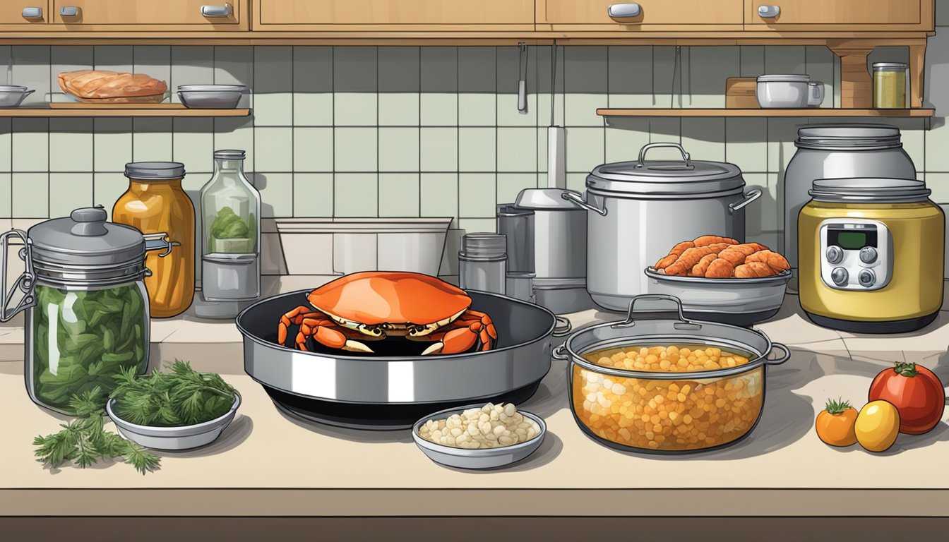 A kitchen counter with a large pot, jars, and crab meat surrounded by canning equipment