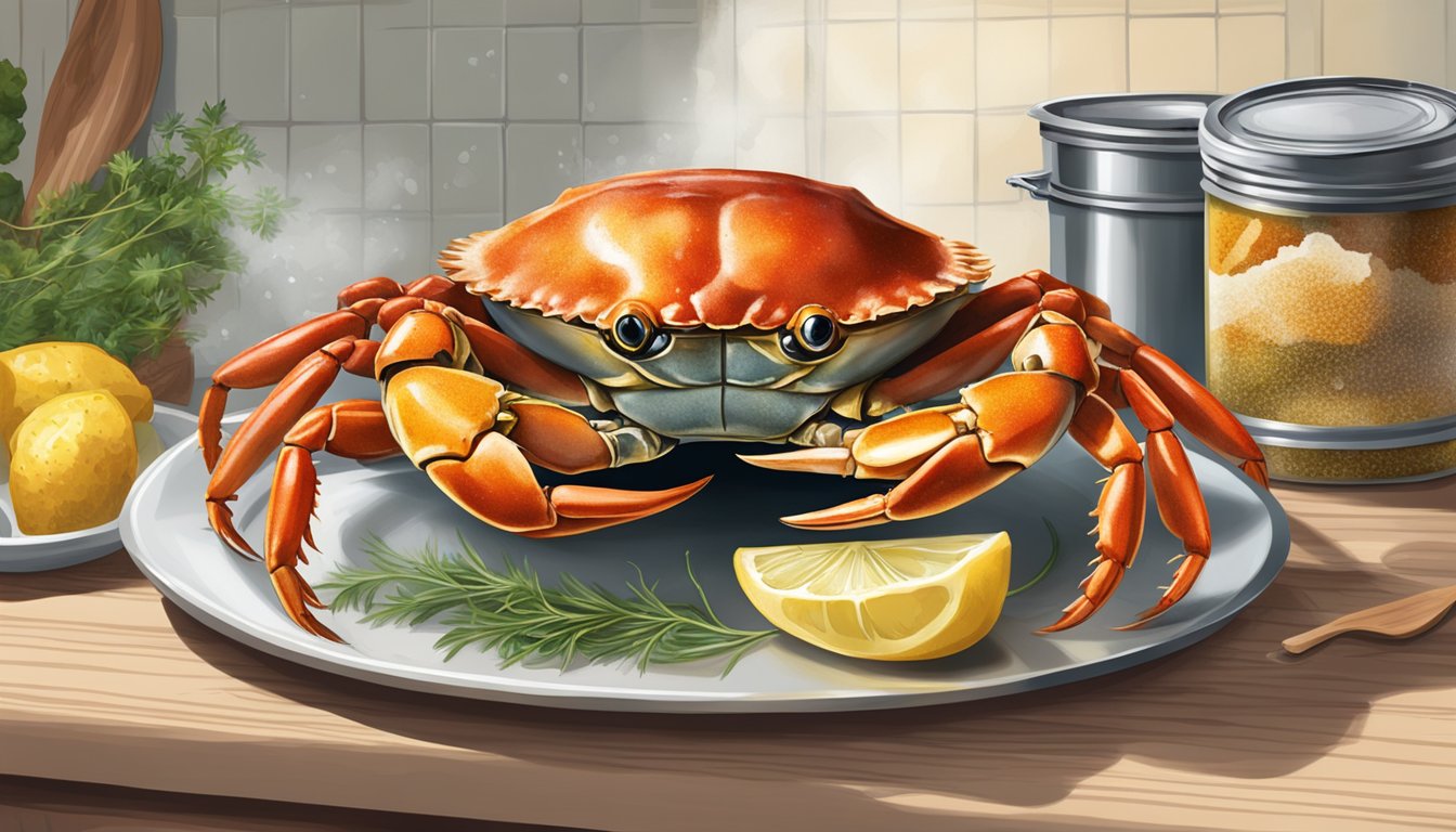 Crab being canned with seasonings and additives in a home kitchen