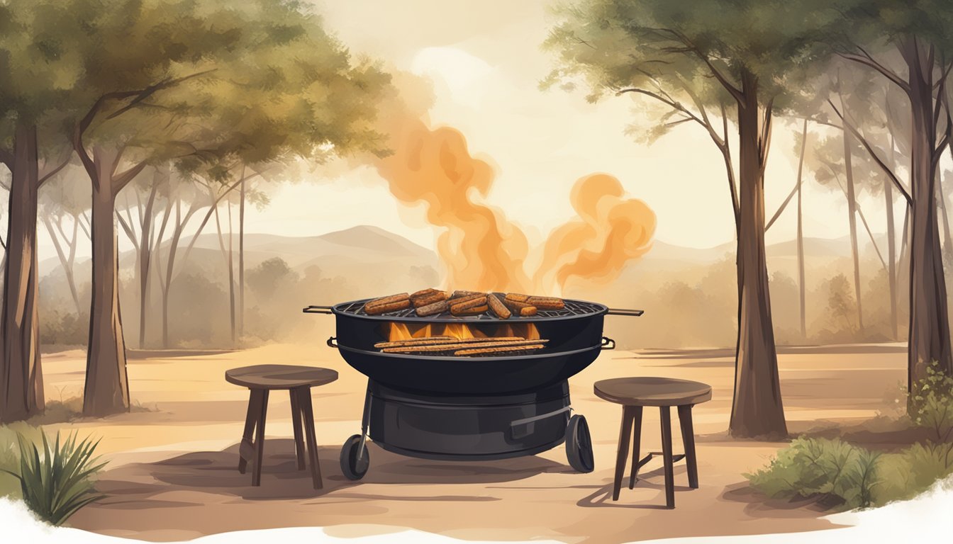 A rustic outdoor barbecue pit surrounded by mesquite trees, with a smoky aroma engulfing the air