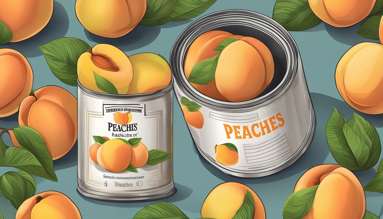 A can of peaches surrounded by fresh fruit and a nutrition label