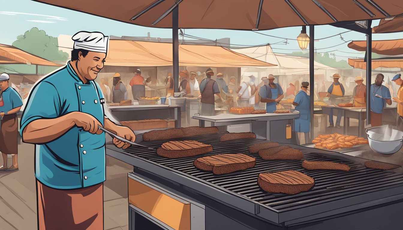 A chef expertly grills brisket over a smoky barbecue pit in South Texas, surrounded by a bustling outdoor market