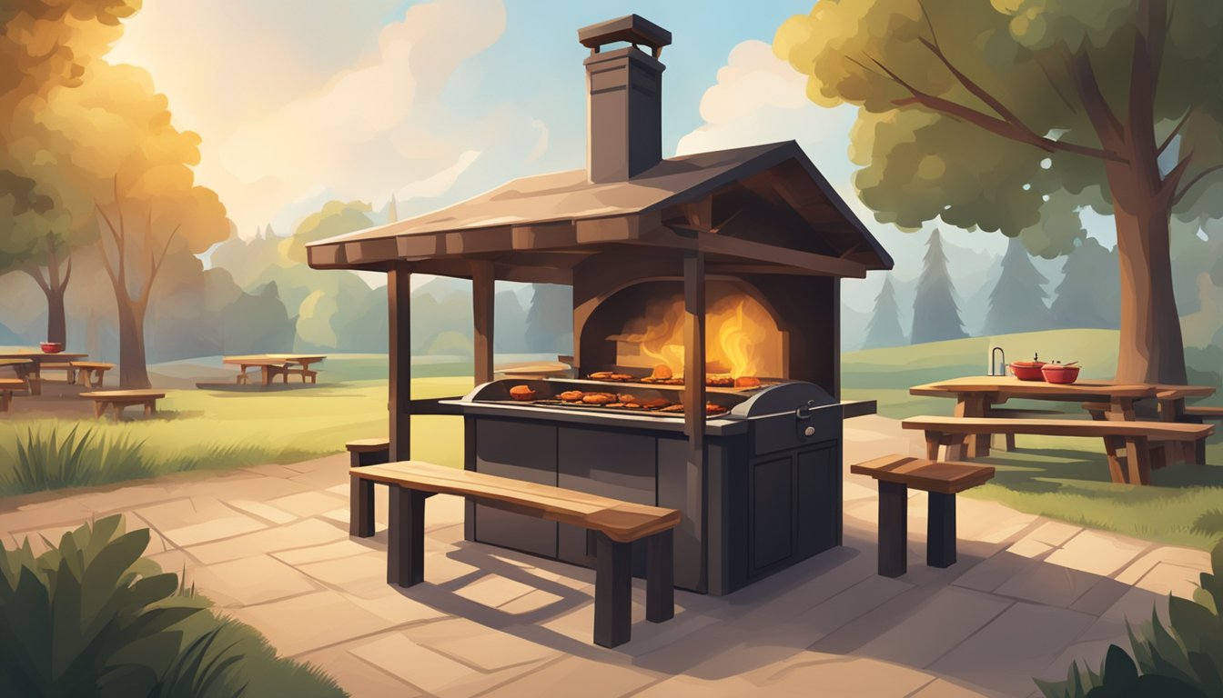 A rustic outdoor BBQ pit with smoke billowing from the grill, surrounded by picnic tables and a warm, inviting atmosphere