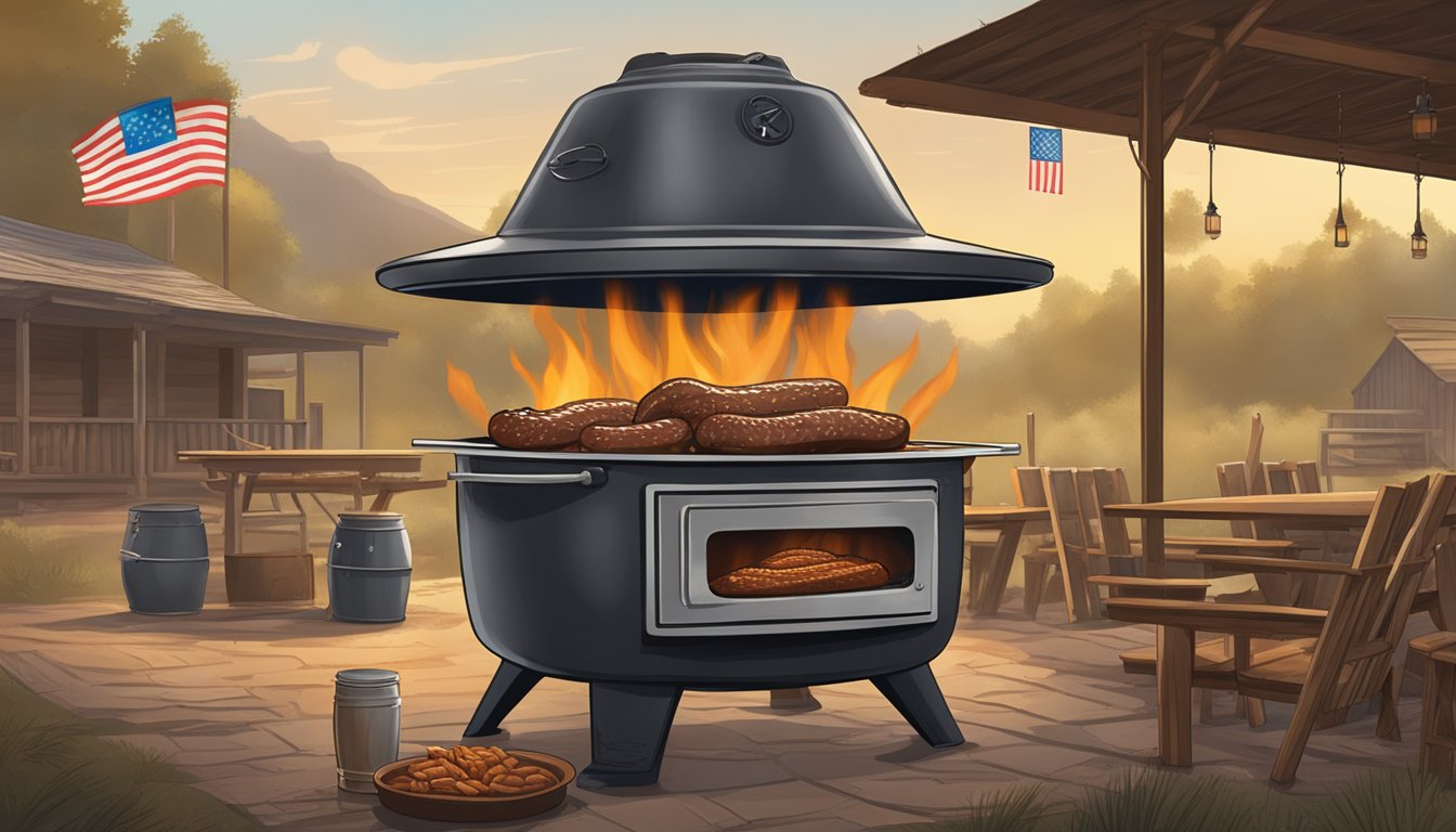 A smoky pit filled with sizzling brisket, ribs, and sausage, surrounded by a rustic outdoor setting with cowboy hats and a lone star flag