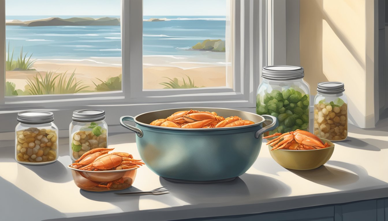 A kitchen counter with jars of canned crab, a pot, and utensils. A window lets in natural light, and a crab shell sits nearby