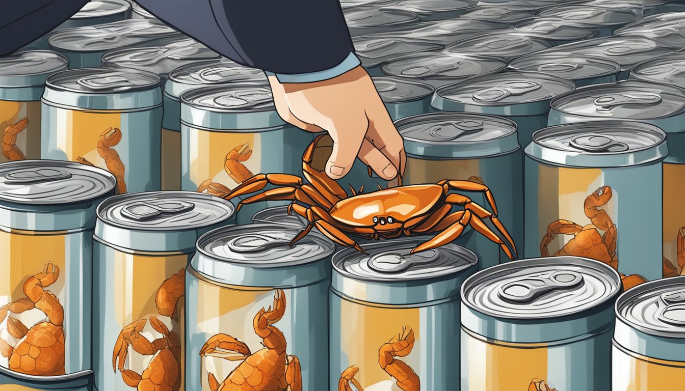 A person inspecting canned crab for common canning issues