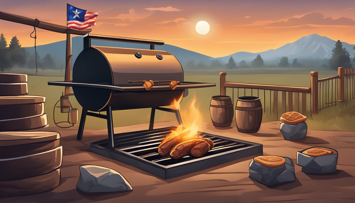 A smoky Texas BBQ pit with sizzling meat and glowing coals, surrounded by a rustic outdoor setting with cowboy hats and a lone star flag