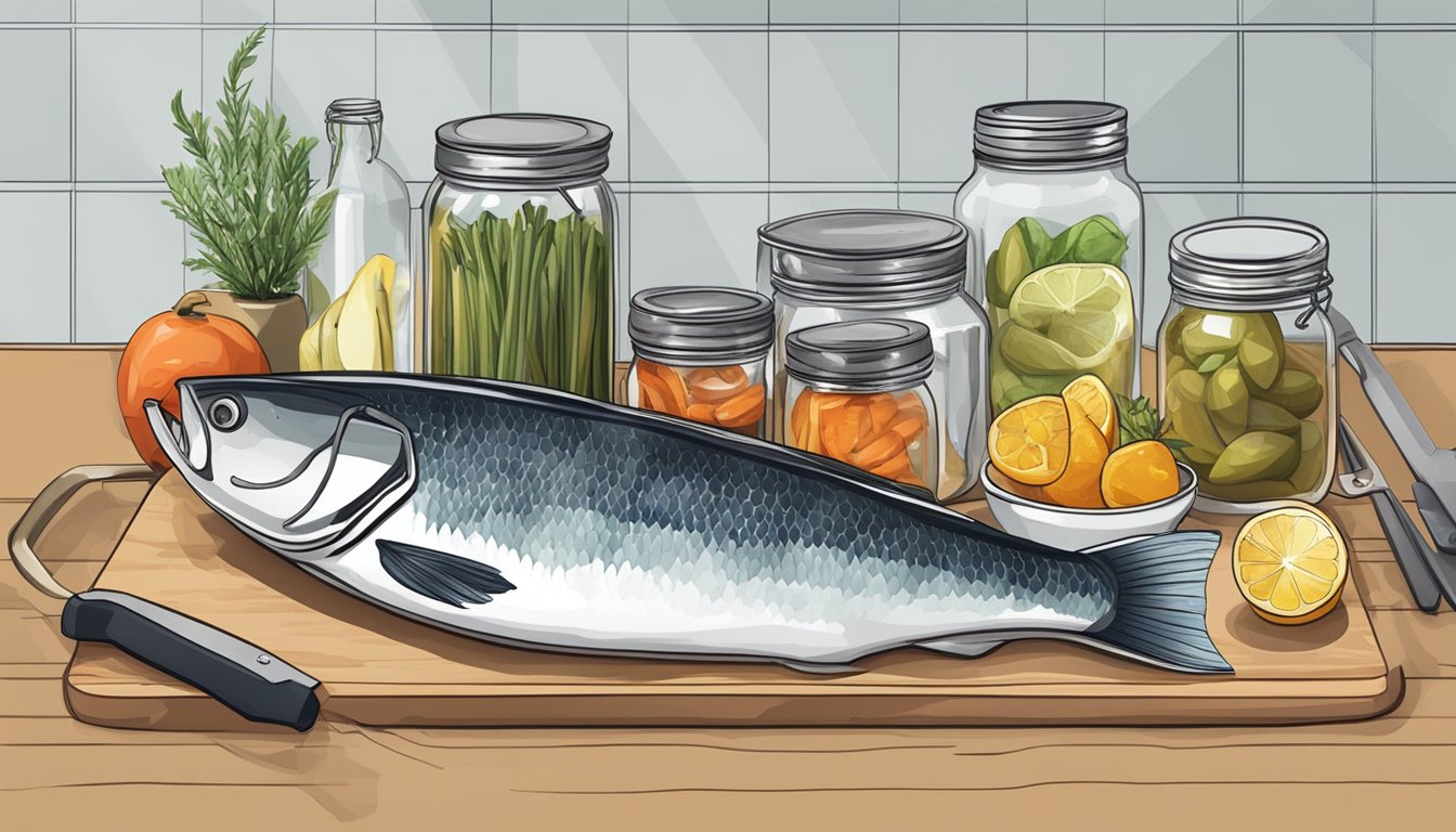 A kitchen counter with jars, a pot of boiling water, a cutting board, knife, and fresh fish