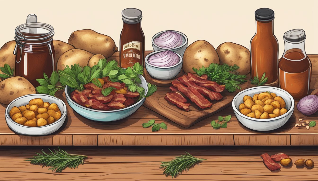 A rustic wooden table with bowls of potatoes, bacon, onions, and BBQ sauce, surrounded by fresh herbs and spices