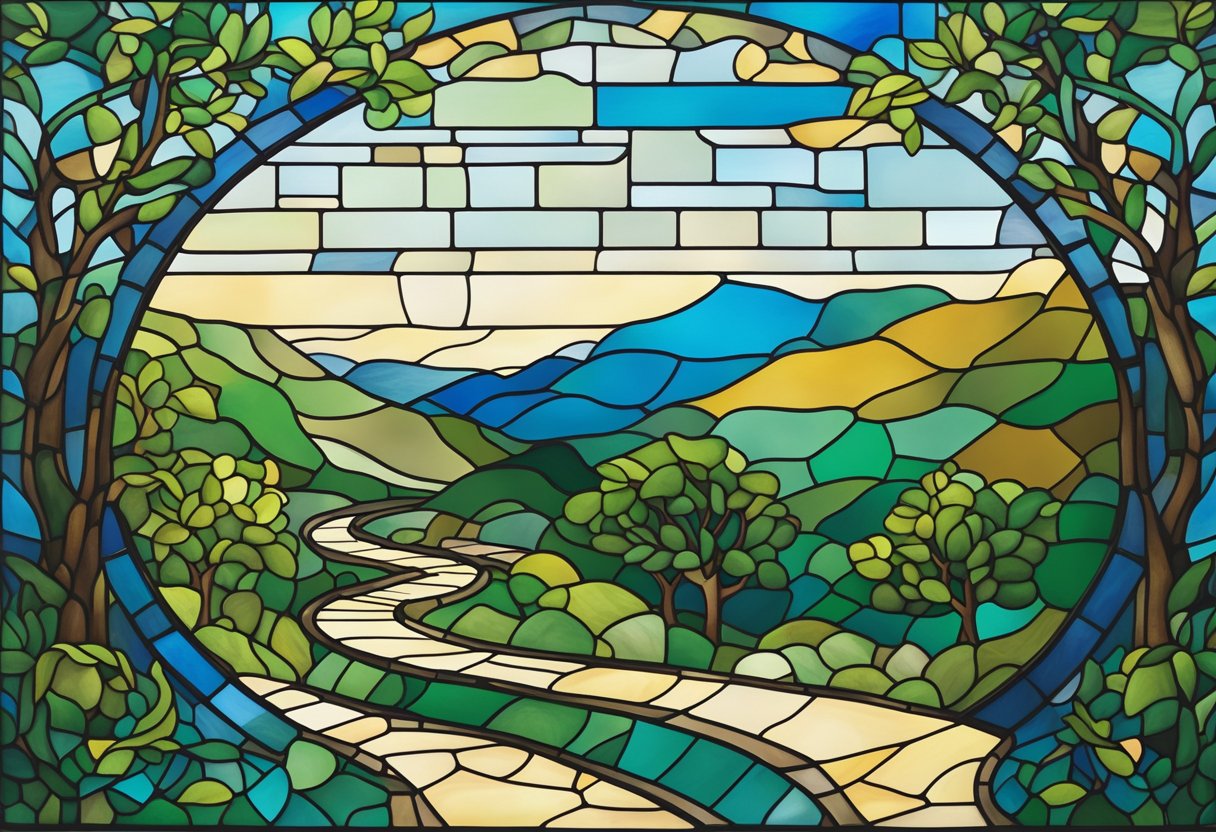 A serene landscape with a winding road leading to a distant horizon, surrounded by lush greenery and a clear blue sky