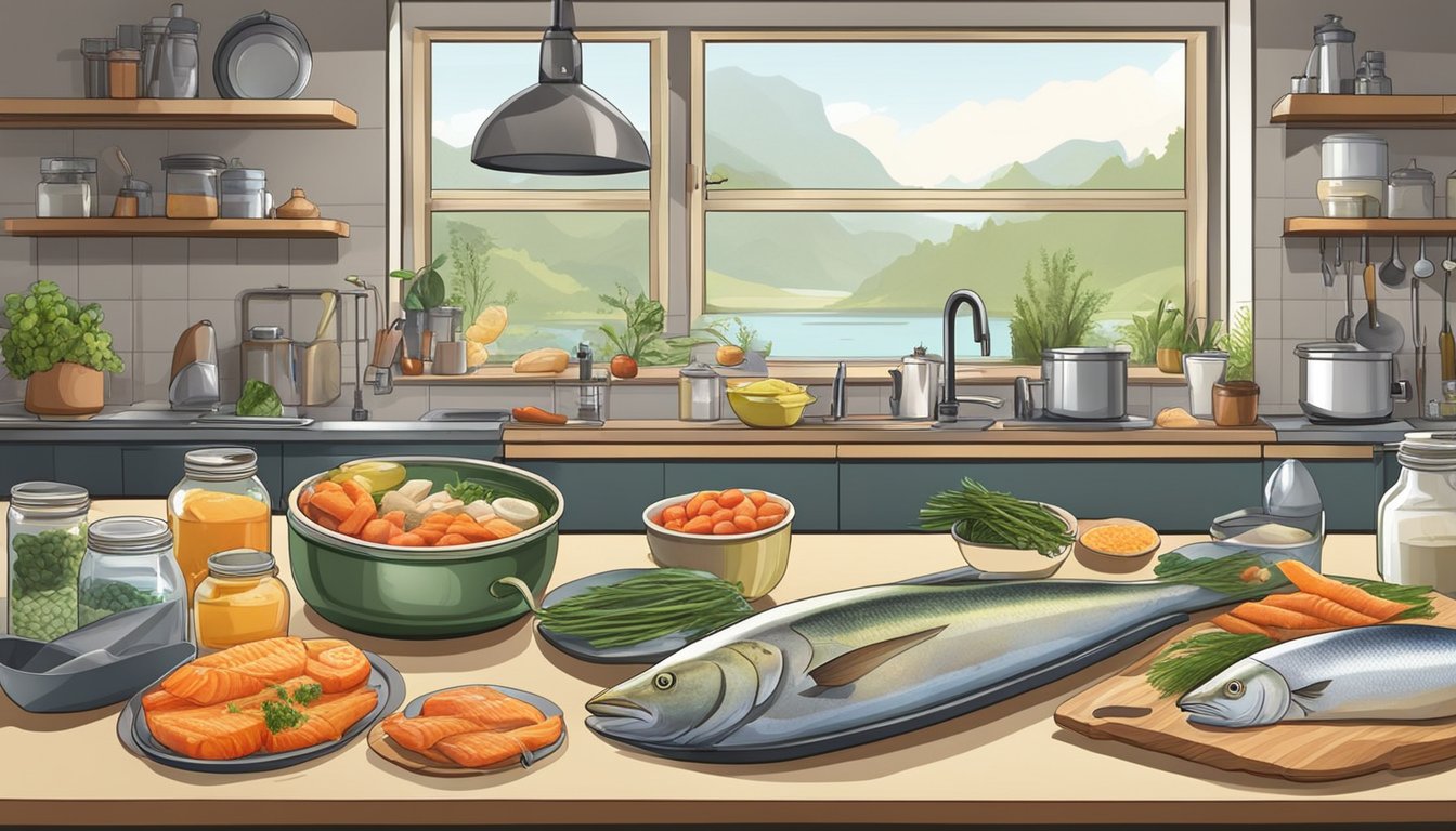 Various types of fish being prepared and canned in a home kitchen, with different tools and methods for each type