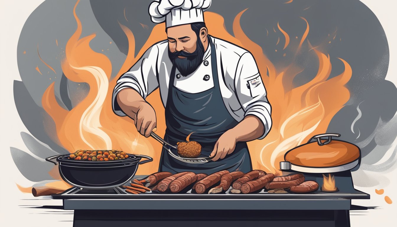 A chef grinds meat, spices it, and stuffs it into casings. Smoke rises from the grill as sausages sizzle over the fire