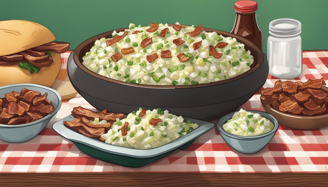 A picnic table set with a bowl of Texas-style potato salad surrounded by BBQ sauce, chopped green onions, and crispy bacon bits