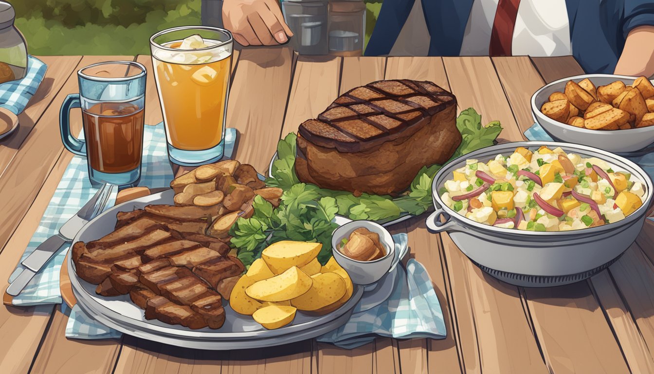 A picnic table set with a heaping bowl of BBQ potato salad, alongside a platter of grilled meats and a pitcher of iced tea