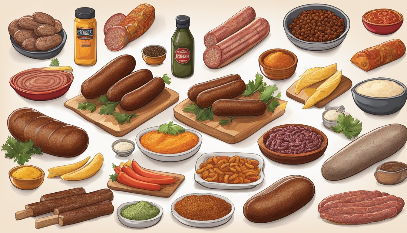 A spread of Texas sausage and BBQ ingredients with various seasonings and flavor profiles