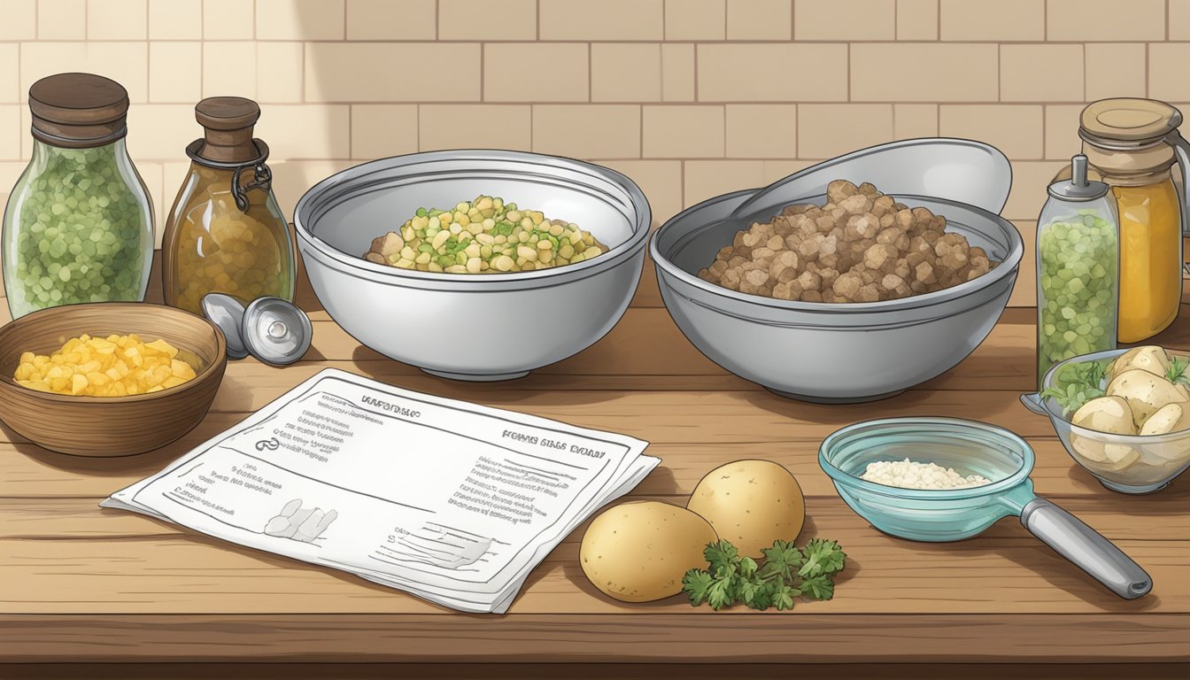 A rustic kitchen counter with prepped ingredients, a mixing bowl, and a recipe card for BBQ potato salad