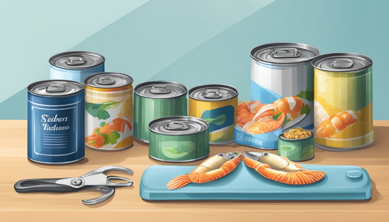 A kitchen counter with various seafood cans, a can opener, and a label maker