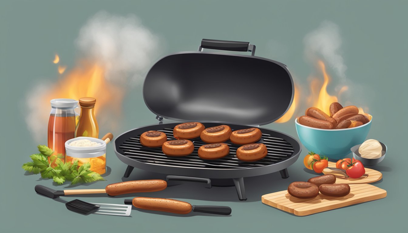 A grill with sizzling sausages, smoke rising, surrounded by BBQ tools and a container for reheating