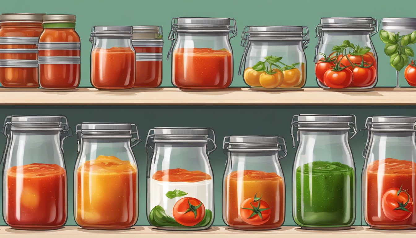 Tomato sauce being poured into glass jars for canning