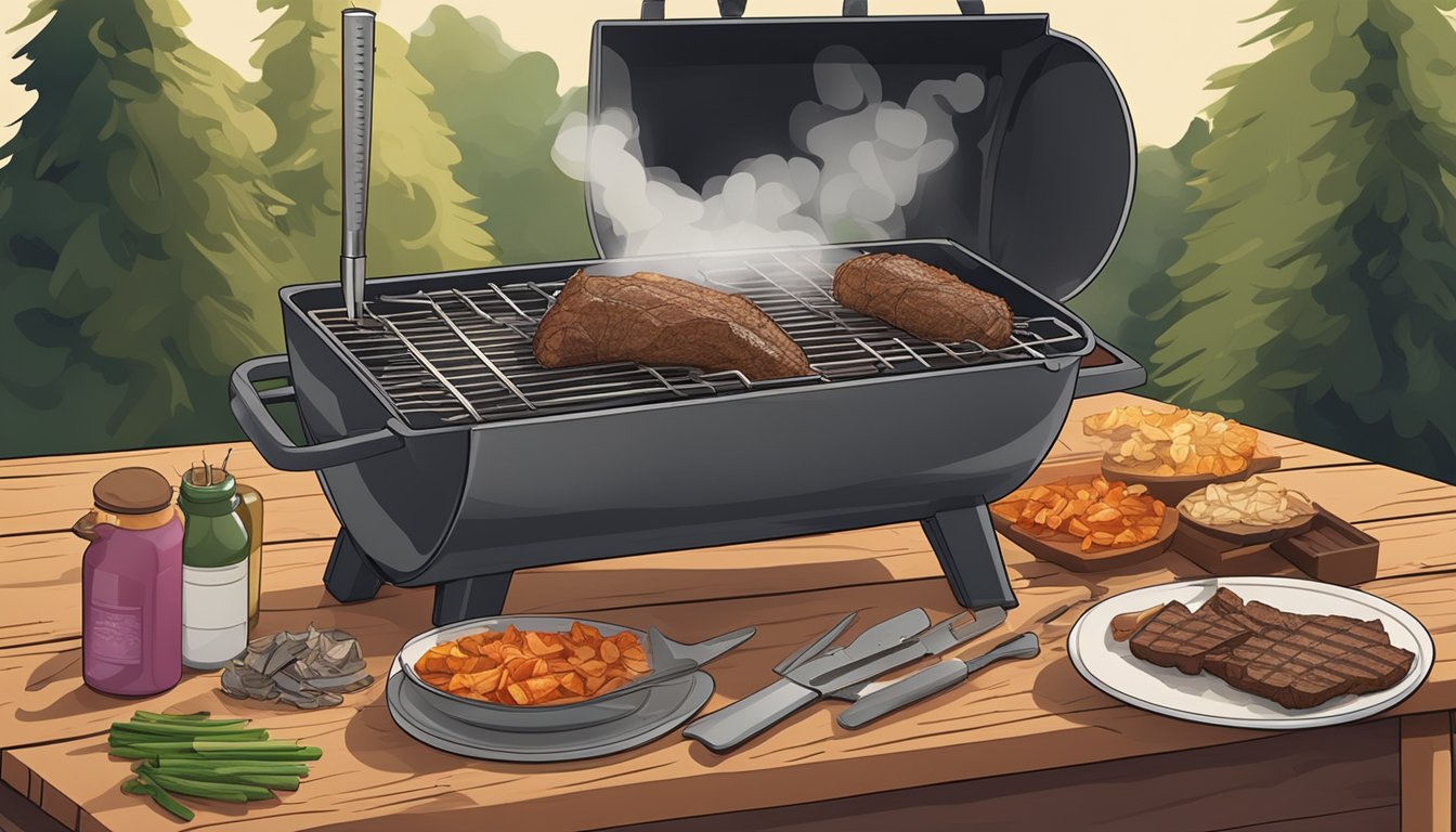 A smoker filled with wood chips, a large chuck roast, and various grilling tools laid out on a wooden table