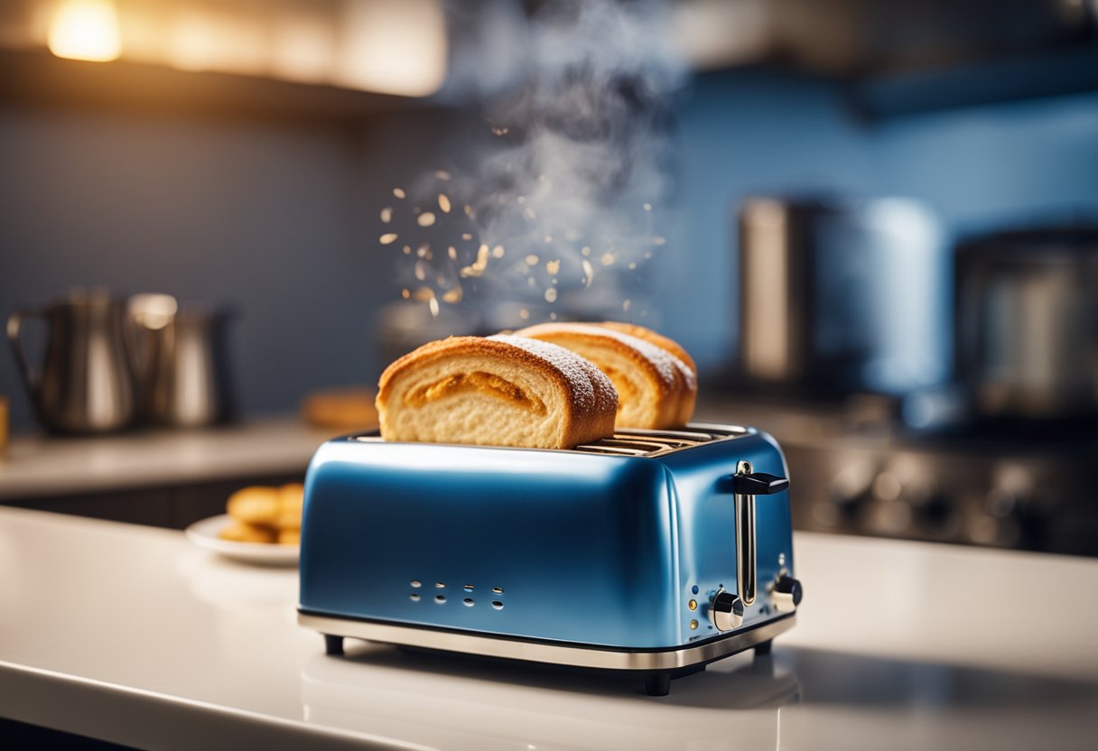 A shiny toaster ejects a golden, steaming breakfast pastry while a blue blur streaks past