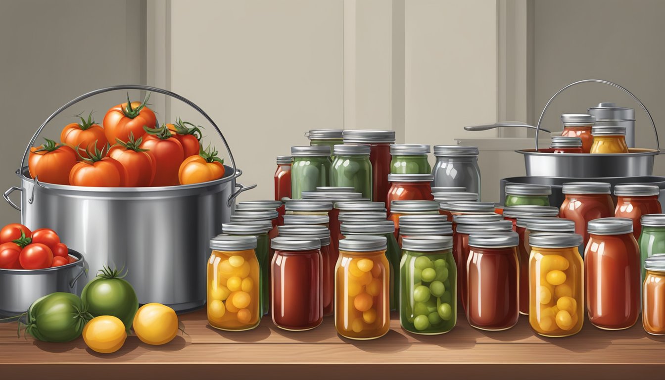 A table holds a variety of canning equipment, including jars, lids, funnels, and a large pot for canning tomato sauce