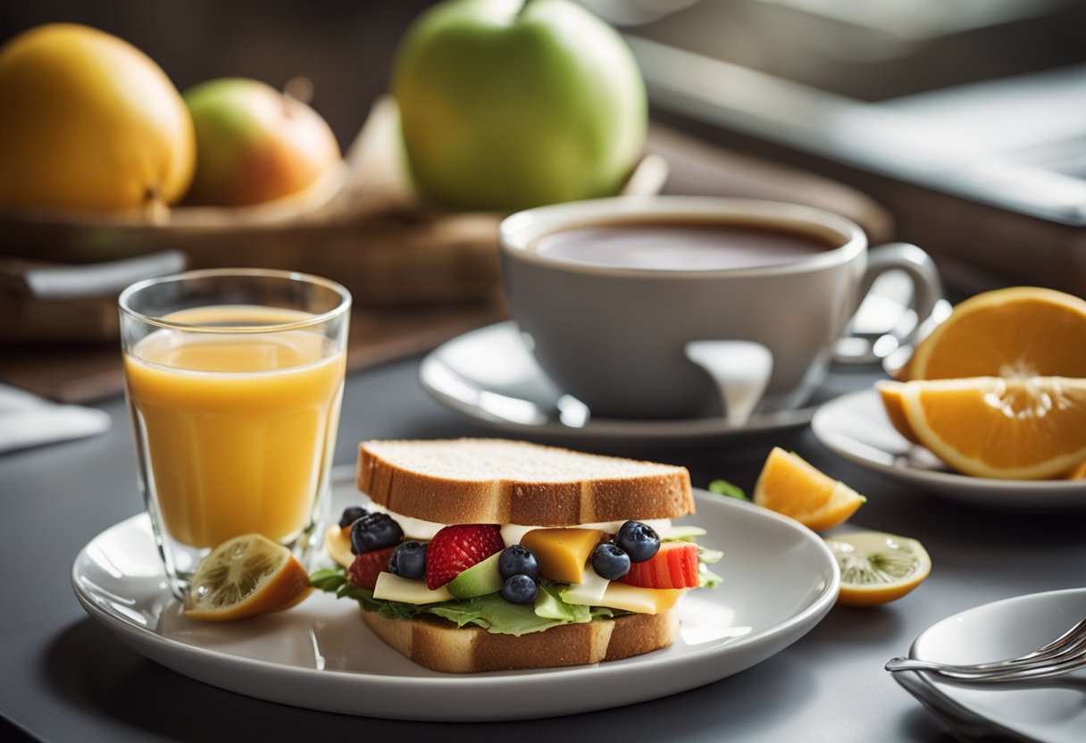 A breakfast toaster sandwich surrounded by fresh fruits and a cup of coffee on a table