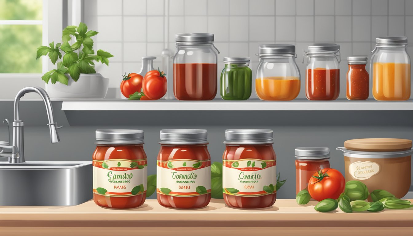 A kitchen counter with jars of tomato sauce, a pot, and canning equipment