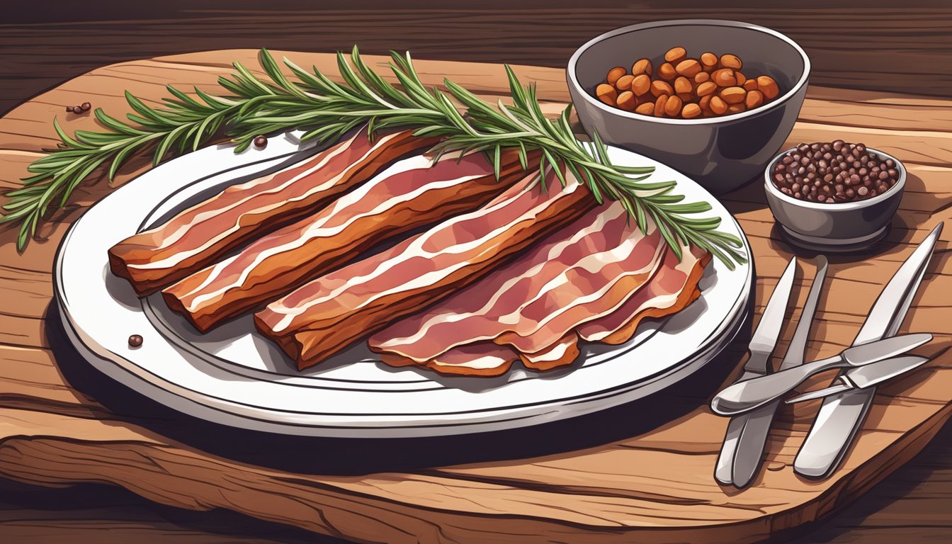 A rustic wooden table with a platter of thick-cut smoked bacon, surrounded by peppercorns and a sprig of fresh rosemary