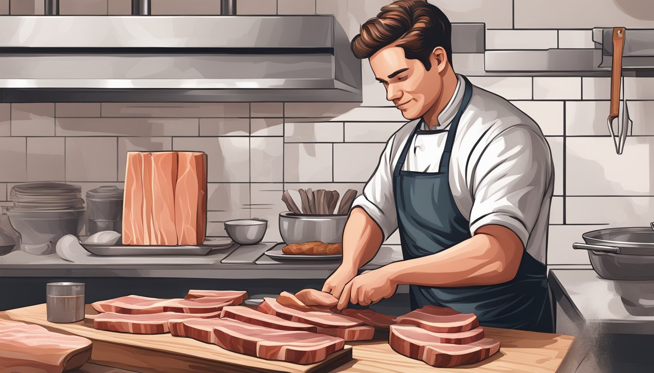 A butcher slicing thick cuts of Pork Belly smoked bacon