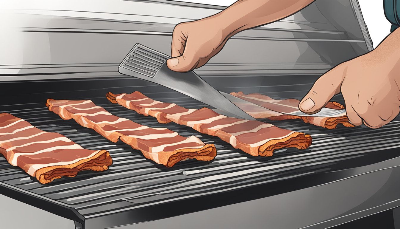 A slab of bacon being rubbed with seasonings and placed on a smoker