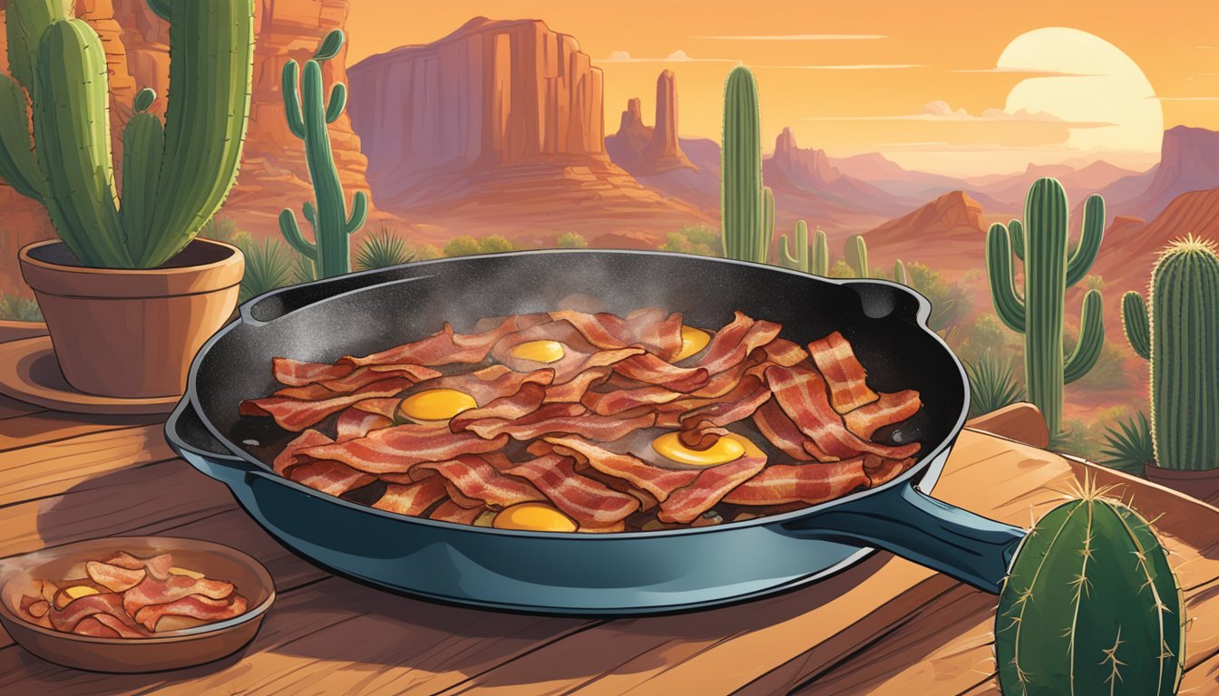 A sizzling skillet with strips of bacon emitting smoke, surrounded by a Texas-themed backdrop of cowboy hats and cacti