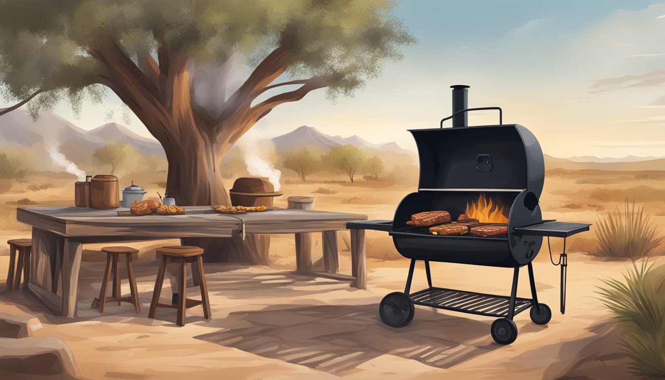 A rustic outdoor BBQ pit in West Texas, surrounded by mesquite wood and smoke, with a sizzling grill and a cowboy hat hanging nearby