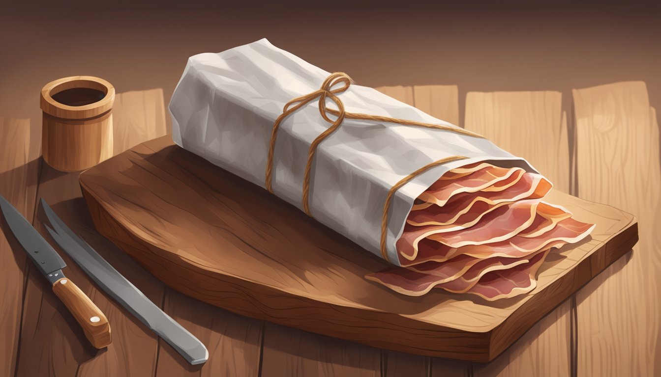 A slab of smoked bacon rests on a wooden cutting board, wrapped in butcher's paper with twine