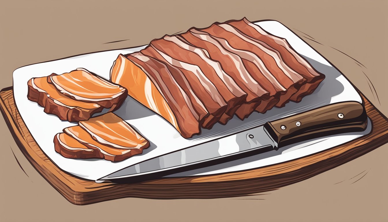 A chef's knife slicing through a slab of smoked bacon, with a serving platter nearby