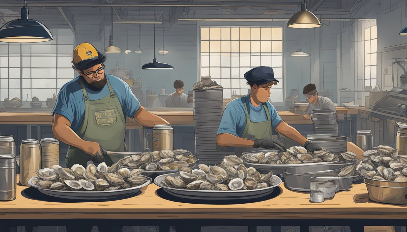 Oysters being shucked and cleaned, with a row of cans and a canning machine in the background